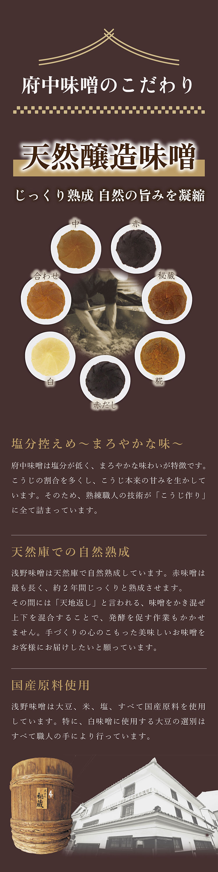 府中味噌のこだわり　天然醸造味噌　じっくり熟成　自然の旨みを凝縮